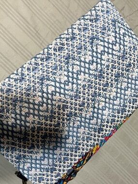 Woven Blue & White Crossbody Clutch with Multicolor Strap
